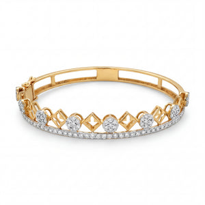 Beautiful 18KT gold bracelet bangle showcasing geometric lattice detailing with sparkling diamonds in a luxurious openwork design on a white background.