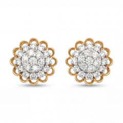Elegant 18KT gold stud earrings featuring floral cluster design with sparkling round diamonds on a white background.