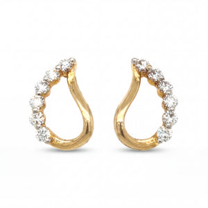 Elegant 18KT gold hoop earrings featuring teardrop open silhouettes with sparkling round diamonds on a white background.