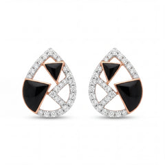 Elegant 18KT rose gold earrings featuring teardrop frames with black onyx accents and sparkling diamond borders on a white background.
