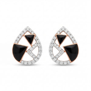 Elegant 18KT rose gold earrings featuring teardrop frames with black onyx accents and sparkling diamond borders on a white background.
