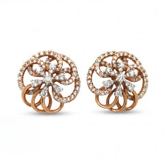 Elegant 18KT rose gold stud earrings featuring circular floral motifs with sparkling diamond accents on a white background.