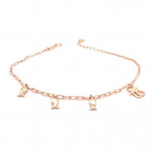 Elegant 18KT rose gold bracelet featuring delicate chain links with hanging fish and butterfly charms on a white background.