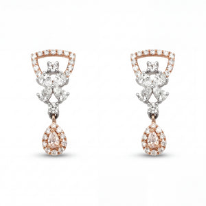 Beautiful 18KT rose gold earrings showcasing geometric tops with cascading floral diamonds and sparkling teardrop pendants on a white background.