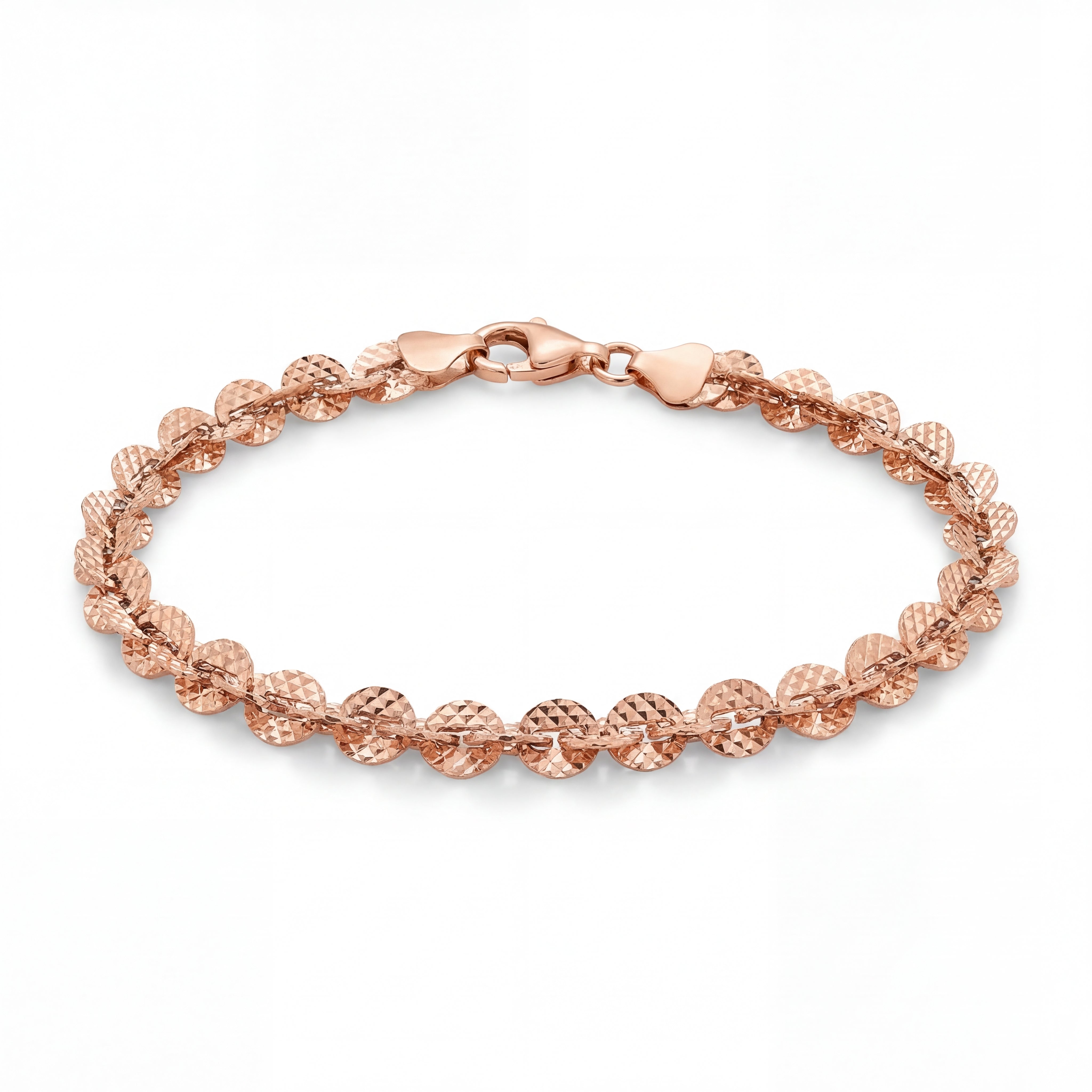 Beautiful 18KT rose gold bracelet showcasing shimmering coin-style links with faceted detailing and secure clasp on a white background.