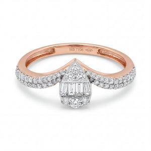 Elegant 18KT rose gold ring featuring a geometric diamond cluster centerpiece with pavé diamond band detailing on a white background.