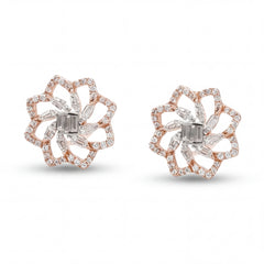 Elegant 18KT rose gold stud earrings featuring floral openwork design with baguette and round diamond accents on a white background.
