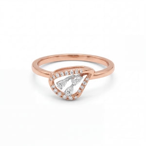 Elegant 18KT rose gold ring featuring a pear-inspired diamond cluster center with sparkling halo accents on a white background.