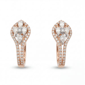 Elegant 18KT rose gold hoop earrings featuring pear-shaped diamond clusters with pavé diamond borders on a white background.
