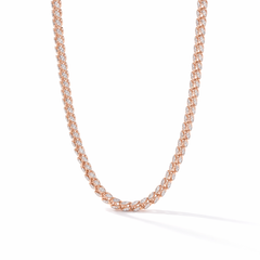 Elegant 18KT rose gold necklace featuring interwoven marquise-shaped diamond links in a sleek continuous design on a white background.