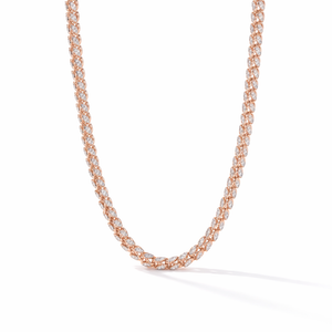 Elegant 18KT rose gold necklace featuring interwoven marquise-shaped diamond links in a sleek continuous design on a white background.