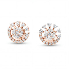 Elegant 18KT rose gold stud earrings featuring spiral floral motifs with sparkling round and pear-shaped diamonds on a white background.