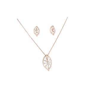 Beautiful 18KT rose gold necklace set with floral diamond pendant and matching marquise-shaped earrings on a white background.
