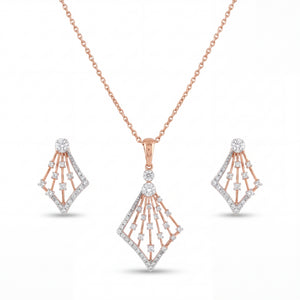 Luxurious 18KT rose gold pendant set featuring angular openwork diamond pendant with shimmering drop details and coordinated earrings on a white background.