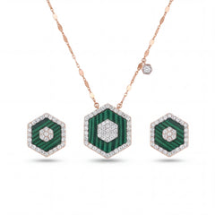 Elegant 18KT rose gold pendant set featuring hexagon malachite pendant with diamond borders and matching stud earrings on a white background.