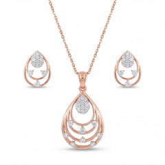 Beautiful 18KT rose gold necklace set showcasing open teardrop frames with pear-shaped diamond motifs and matching earrings on a white background.