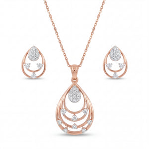 Beautiful 18KT rose gold necklace set showcasing open teardrop frames with pear-shaped diamond motifs and matching earrings on a white background.
