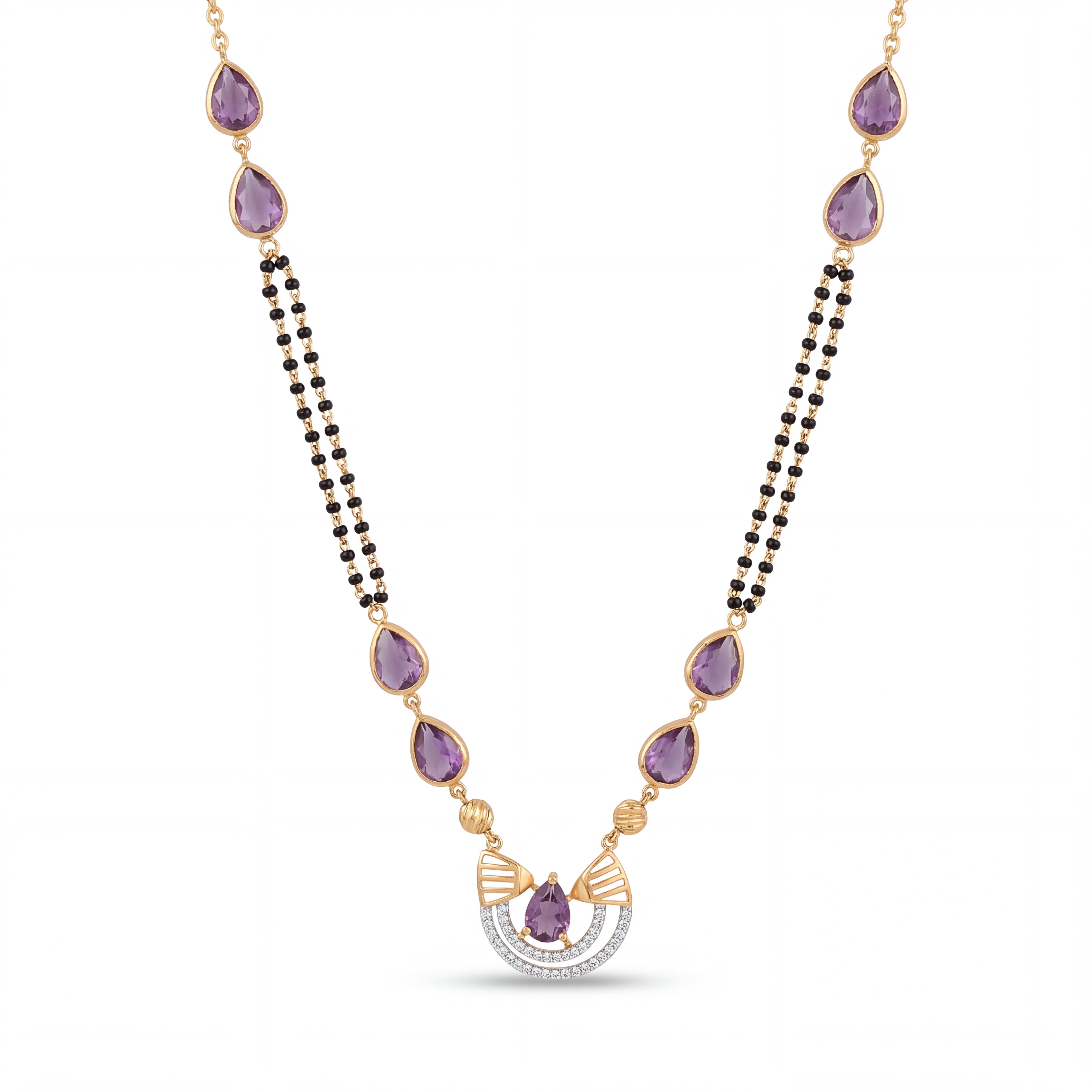 Elegant 18K gold mangalsutra necklace featuring pear-shaped purple gemstones, dual black bead chains, and a diamond-accented pendant on a white background by Pachchigar Jewellers Ashokbhai.