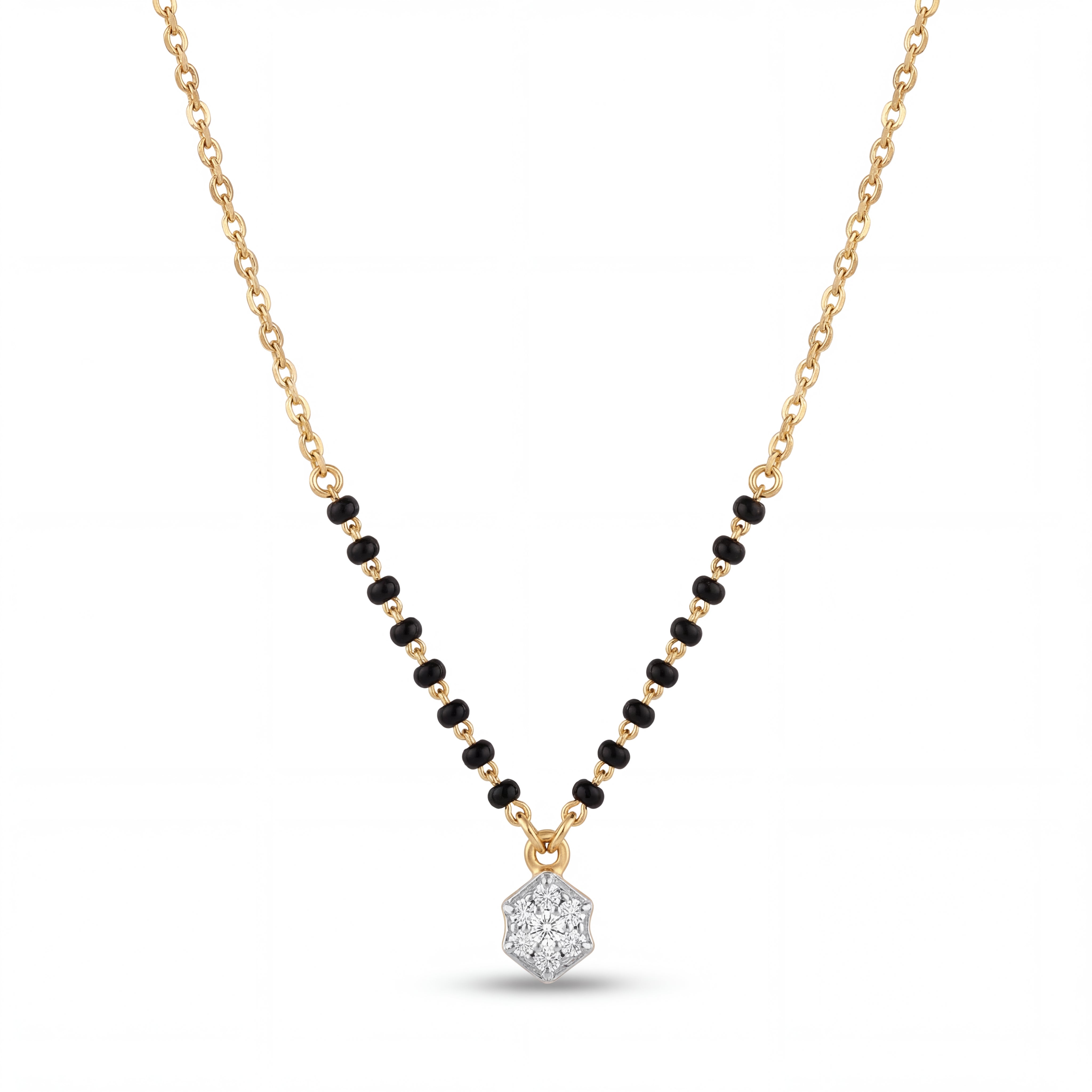 Elegant 18K gold mangalsutra necklace featuring black bead detailing and a sparkling diamond cluster pendant on a white background by Pachchigar Jewellers Ashokbhai.