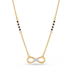Elegant 18K gold mangalsutra necklace featuring an infinity symbol pendant with diamond accents, delicate black bead detailing, and fine chain on a white background by Pachchigar Jewellers Ashokbhai.