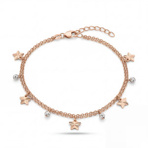 Stylish 18K rose gold double chain anklet with star motifs and sparkling bead charms crafted in a modern playful design by Pachchigar Jewellers Ashokbhai
