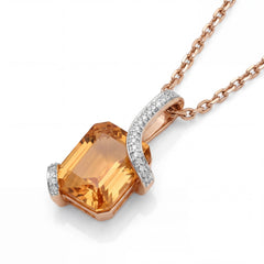 Elegant 18K rose gold citrine diamond pendant necklace featuring emerald cut golden citrine gemstone with curved pavé diamond bail by Pachchigar Jewellers Ashokbhai