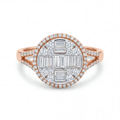 Elegant 18K rose gold diamond baguette halo ring featuring baguette and round diamond cluster center with pavé halo and split shank by Pachchigar Jewellers Ashokbhai