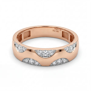 Luxurious 18K rose gold diamond classic gents wedding band featuring inset round diamond crescent detailing with sleek modern finish by Pachchigar Jewellers Ashokbhai