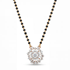 Elegant 18K rose gold diamond floral mangalsutra pendant necklace featuring round center diamond halo with sparkling floral cluster design and black bead chain by Pachchigar Jewellers Ashokbhai