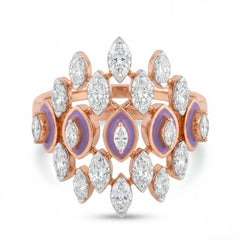 Elegant 18K rose gold diamond crown statement ring featuring marquise cut diamonds with lavender enamel detailing by Pachchigar Jewellers Ashokbhai
