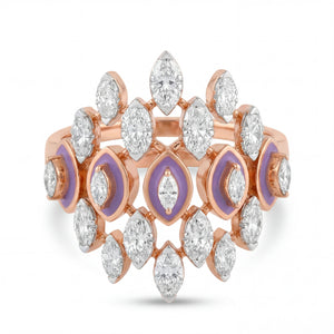 Elegant 18K rose gold diamond crown statement ring featuring marquise cut diamonds with lavender enamel detailing by Pachchigar Jewellers Ashokbhai