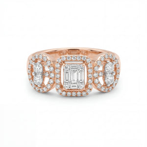 Elegant 18K rose gold diamond triple halo statement ring featuring emerald cut center diamond with oval side diamonds and pavé halo setting by Pachchigar Jewellers Ashokbhai