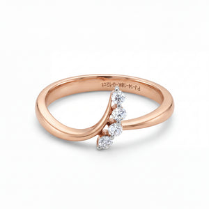 Elegant 18K rose gold diamond wave ring featuring a graceful curved band set with five round brilliant-cut diamonds in a sleek modern design, perfect for everyday and special occasion wear.