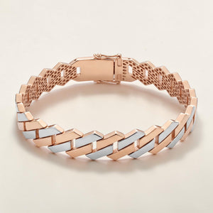 Modern 18K rose gold dual-tone bracelet featuring interlocking geometric links with white gold accents and a secure box clasp. Contemporary luxury bracelet by Pachchigar Jewellers.