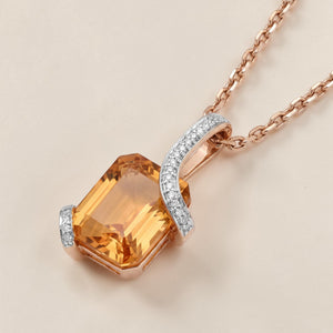 Luxurious 18K rose gold golden quartz designer pendant necklace with radiant rectangular amber gemstone accented by sparkling diamonds by Pachchigar Jewellers Ashokbhai