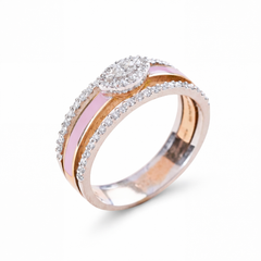 Elegant 18K rose gold ring featuring a marquise halo diamond centerpiece, pink enamel inlay, and pavé diamond bands in a modern luxury design.
