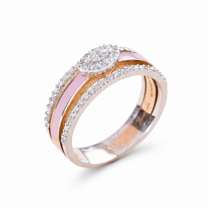 Elegant 18K rose gold ring featuring a marquise halo diamond centerpiece, pink enamel inlay, and pavé diamond bands in a modern luxury design.