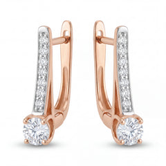 Stylish 18K rose gold drop earrings with brilliant round diamonds and sparkling linear diamond setting crafted by Pachchigar Jewellers Ashokbhai