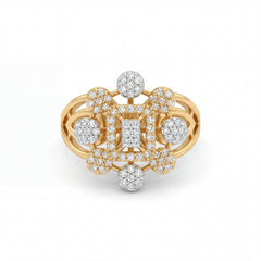 Elegant 18K yellow gold diamond floral geometric statement ring featuring rectangular center cluster and round diamond motifs by Pachchigar Jewellers Ashokbhai