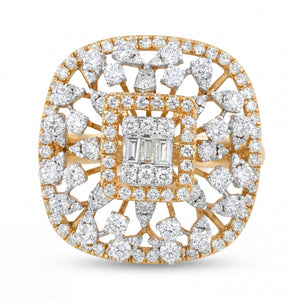 Elegant 18K yellow gold diamond floral lattice statement ring featuring baguette cut center cluster with round diamond halo and openwork floral design by Pachchigar Jewellers Ashokbhai