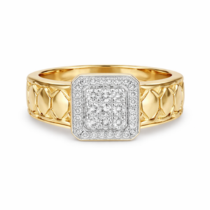 Elegant 18K yellow gold diamond gents square signet ring featuring pavé diamond center with halo frame and designer lattice side band by Pachchigar Jewellers Ashokbhai