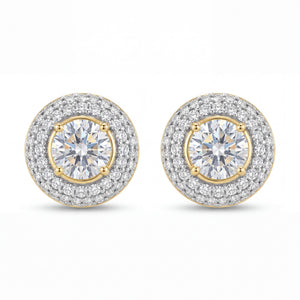 Elegant 18K yellow gold diamond halo stud earrings featuring brilliant round center stones surrounded by double rows of sparkling diamonds by Pachchigar Jewellers Ashokbhai