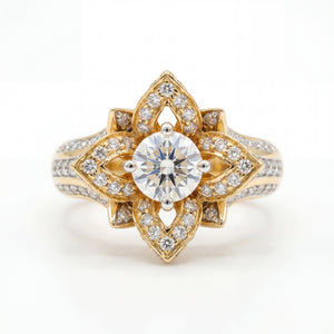 Elegant 18K yellow gold diamond lotus star halo ring featuring round center diamond with floral star motif and pavé diamond split band by Pachchigar Jewellers Ashokbhai