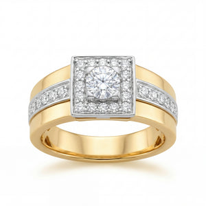 Luxurious 18K yellow gold diamond men’s classic statement ring featuring square diamond top with side diamond accents and bold polished band by Pachchigar Jewellers Ashokbhai