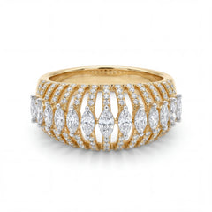 Elegant 18K yellow gold diamond openwork statement ring featuring marquise cut diamonds and pavé diamond ribbed band design by Pachchigar Jewellers Ashokbhai