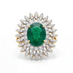 Luxurious 18K yellow gold emerald diamond sunburst statement ring featuring oval emerald center with round diamond halo and marquise diamond rays by Pachchigar Jewellers Ashokbhai