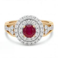 Elegant 18K yellow gold ruby diamond double halo ring featuring round center ruby with brilliant diamond halo and side diamond accents by Pachchigar Jewellers Ashokbhai