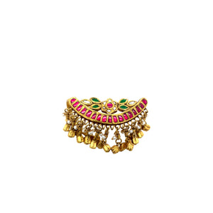 22KT Antique Gold Jadau Ring -Pink & Green Stone Work