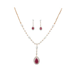 Red Stone & Diamond Necklace Set in Gold