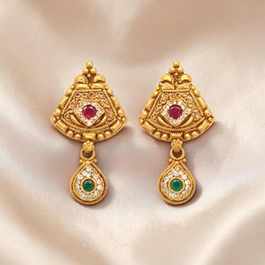 Traditional Gold Drop Earrings with Red & Green Stones